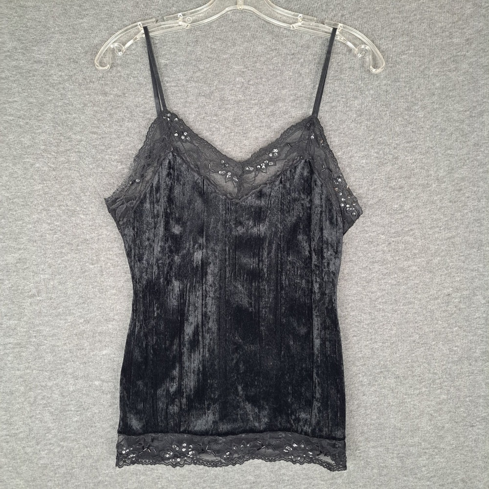 No Boundaries Camisole Women S Black Crushed Velvet Lace Sequin Cami 45K125